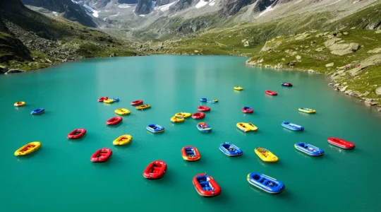 Vue aérienne estivale des Alpes françaises montrant un lac turquoise, des activités nautiques et des télécabines, sans randonneurs visibles