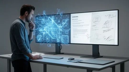 Professionnel analysant une interface d'IA générative et des documents de marque dans un bureau moderne