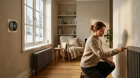 Vue d'une maison chaleureuse avec système de chauffage optimisé et économies d'énergie visibles