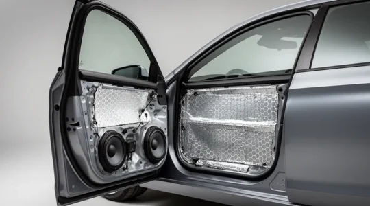 Installation audio personnalisée dans une voiture moderne avec haut-parleurs et isolation acoustique visible