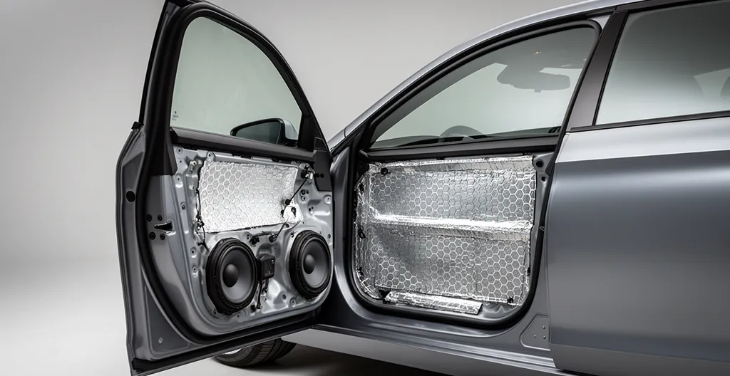 Installation audio personnalisée dans une voiture moderne avec haut-parleurs et isolation acoustique visible