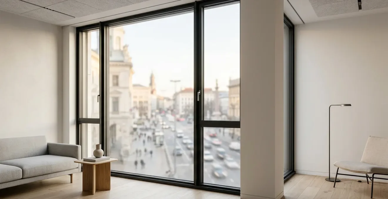 Vue intérieure d'un appartement moderne avec fenêtre double vitrage montrant le contraste entre le calme intérieur et l'activité urbaine extérieure