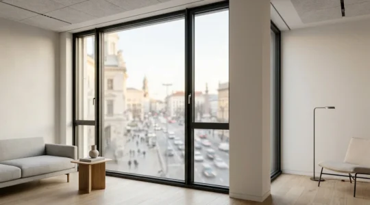 Vue intérieure d'un appartement moderne avec fenêtre double vitrage montrant le contraste entre le calme intérieur et l'activité urbaine extérieure