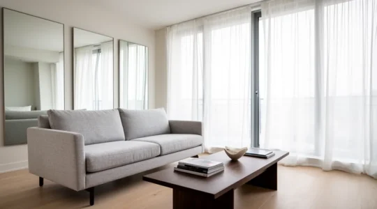 Intérieur d'appartement lumineux et épuré après home staging avec mobilier neutre et décoration minimaliste