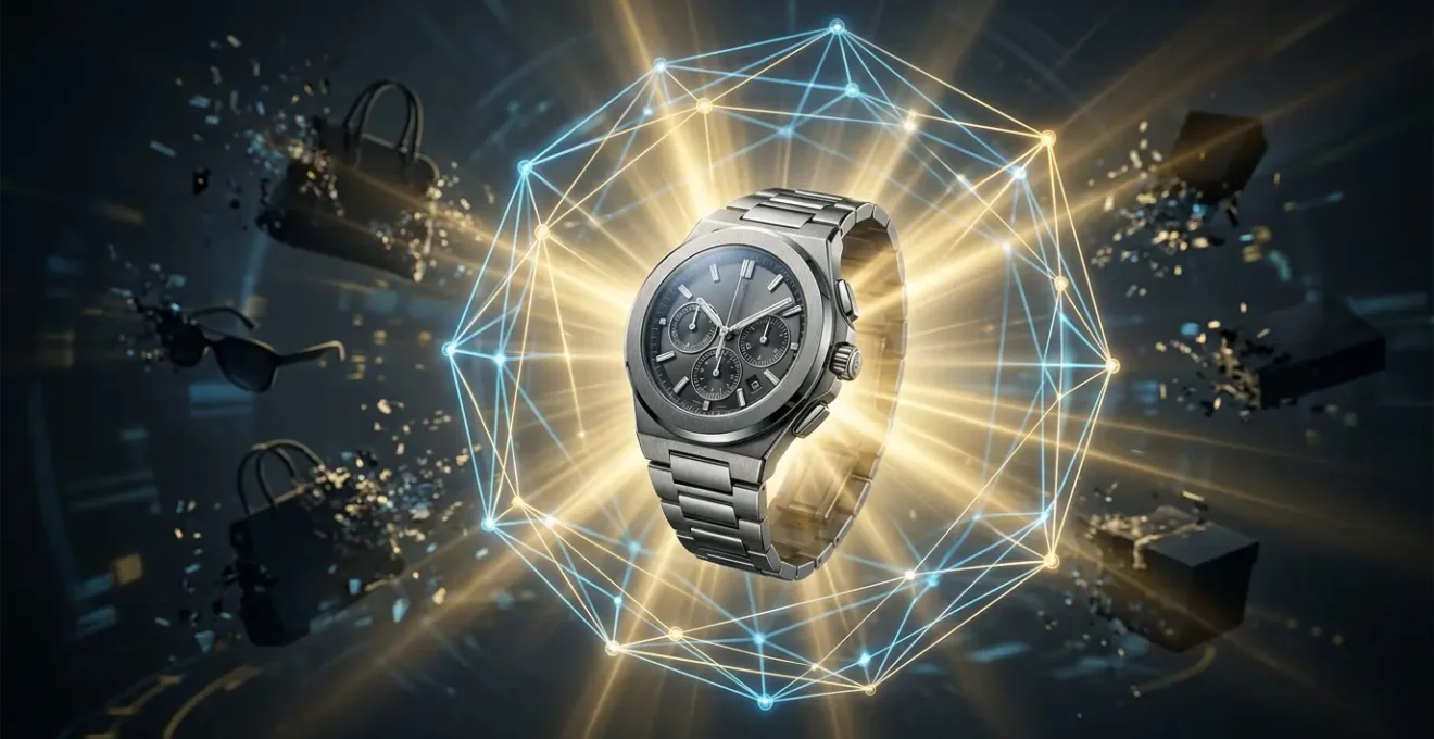 Représentation symbolique de la blockchain protégeant des produits de luxe contre la contrefaçon