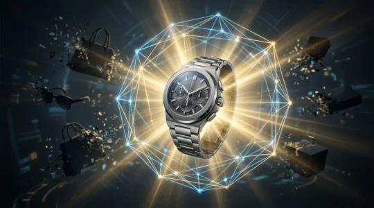 Représentation symbolique de la blockchain protégeant des produits de luxe contre la contrefaçon