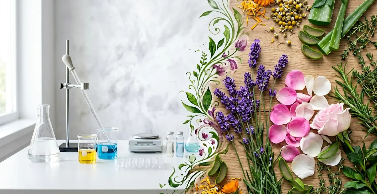 Laboratoire de cosmétique moderne avec ingrédients naturels et équipement scientifique dans une ambiance épurée