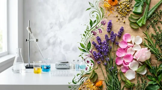 Laboratoire de cosmétique moderne avec ingrédients naturels et équipement scientifique dans une ambiance épurée