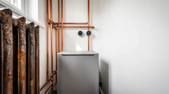 Vue intérieure d'une chaufferie avec radiateur en fonte ancien et équipements modernes