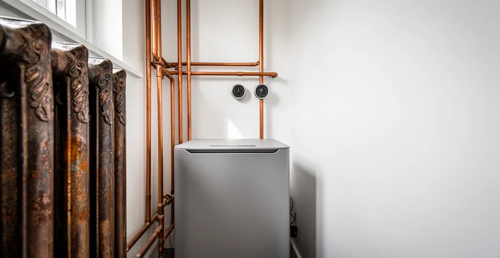 Vue intérieure d'une chaufferie avec radiateur en fonte ancien et équipements modernes