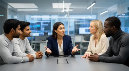 Professionnels collaborant avec des outils d'IA dans un environnement de travail moderne et lumineux