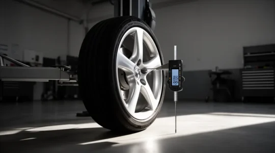Inspection technique d'une jante automobile avec instruments de mesure sur fond de garage professionnel