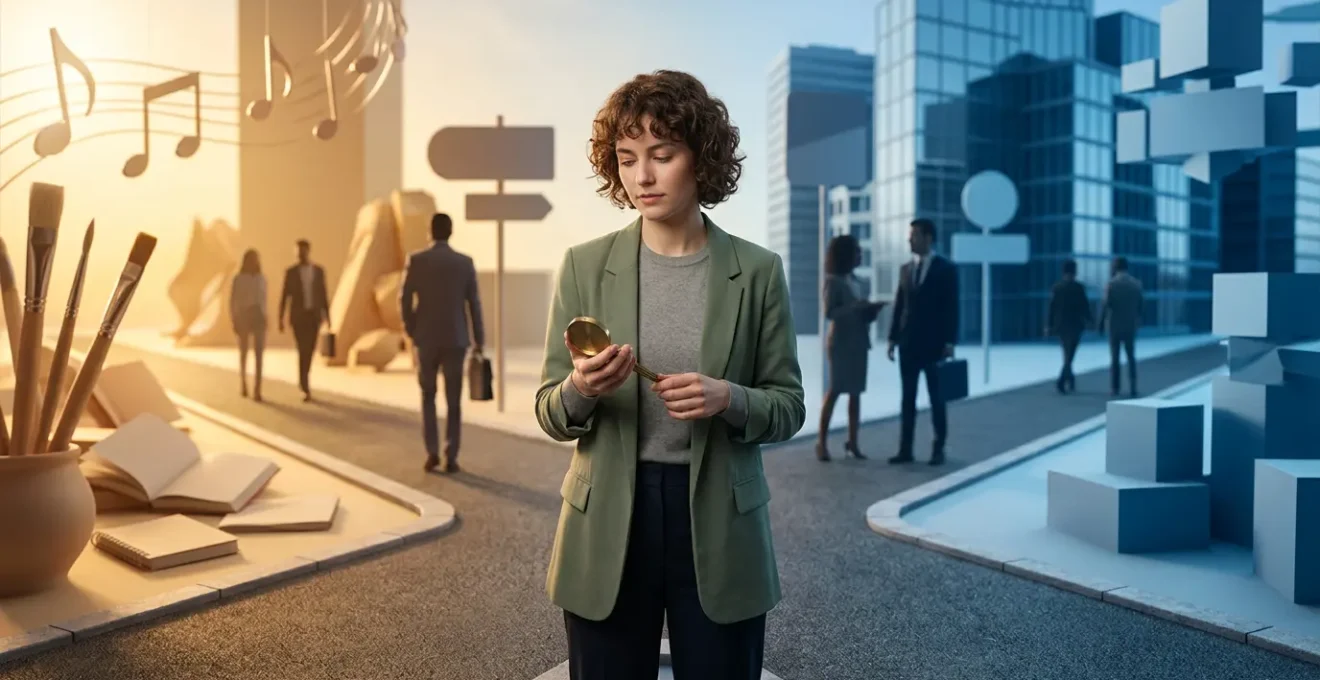 Personne contemplant un carrefour de carrière avec des éléments symbolisant passion et marché