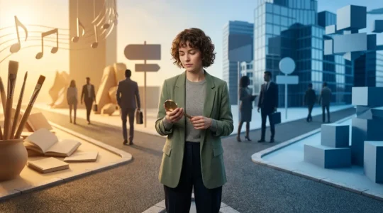 Personne contemplant un carrefour de carrière avec des éléments symbolisant passion et marché