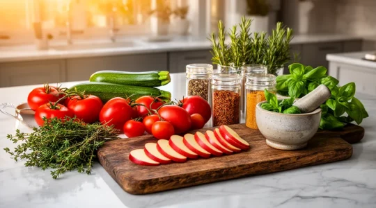 Cuisine française légère avec ingrédients frais et colorés présentés de manière élégante