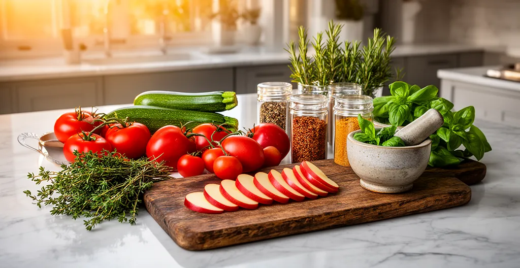 Cuisine française légère avec ingrédients frais et colorés présentés de manière élégante