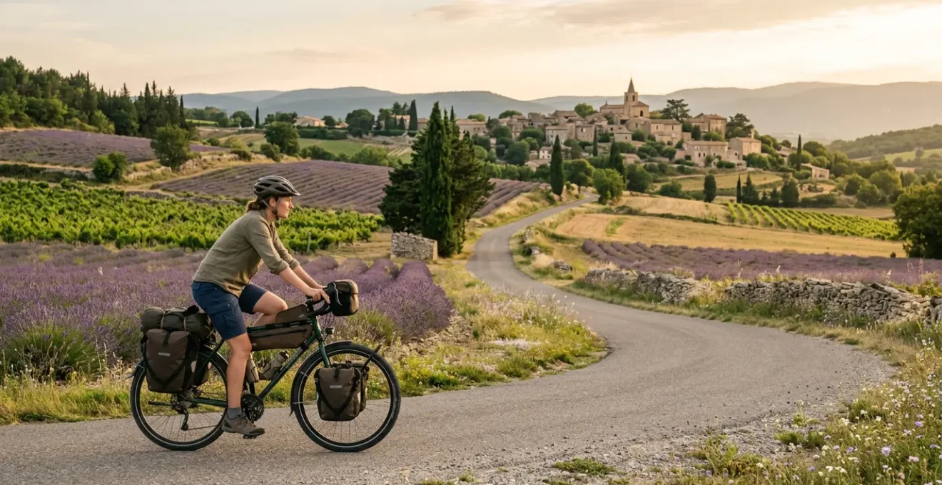 Cycliste voyageur traversant un paysage de campagne française avec ses sacoches