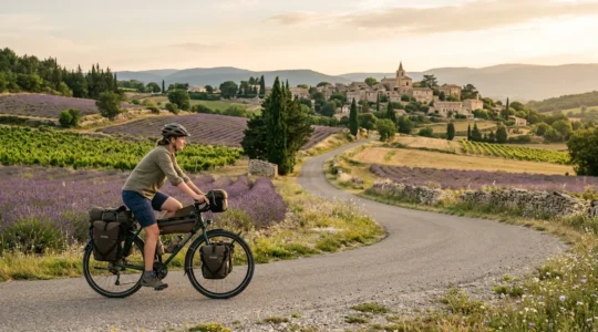 Cycliste voyageur traversant un paysage de campagne française avec ses sacoches
