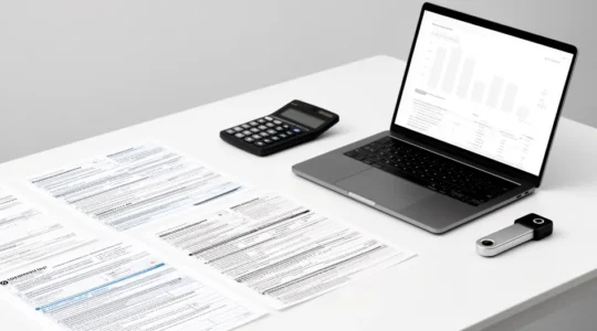 Bureau organisé avec documents fiscaux cryptomonnaies et ordinateur portable affichant des graphiques financiers