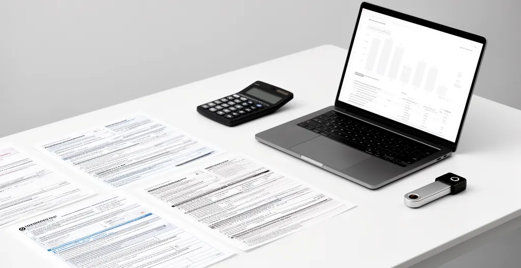 Bureau organisé avec documents fiscaux cryptomonnaies et ordinateur portable affichant des graphiques financiers