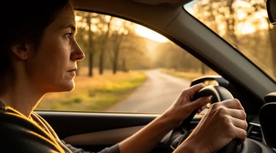 Conducteur attentif au volant pratiquant l'éco-conduite sur route de campagne