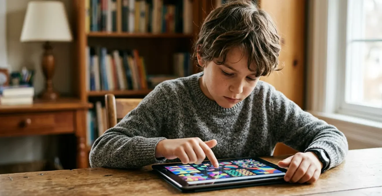 Enfant concentré travaillant sur tablette avec exercices mathématiques interactifs dans un environnement domestique lumineux