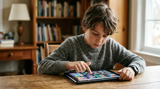 Enfant concentré travaillant sur tablette avec exercices mathématiques interactifs dans un environnement domestique lumineux