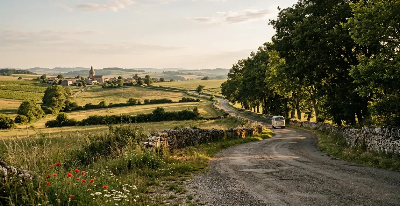 Route sinueuse traversant la campagne française avec un van au loin sous un ciel doré