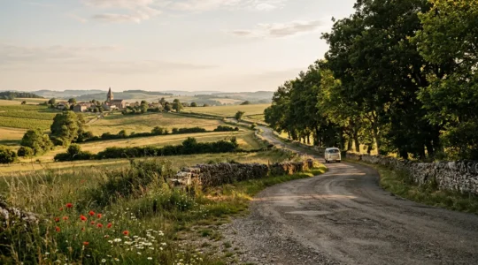 Route sinueuse traversant la campagne française avec un van au loin sous un ciel doré
