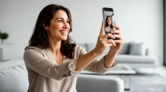 Femme utilisant la réalité augmentée pour essayer virtuellement des lunettes depuis son salon