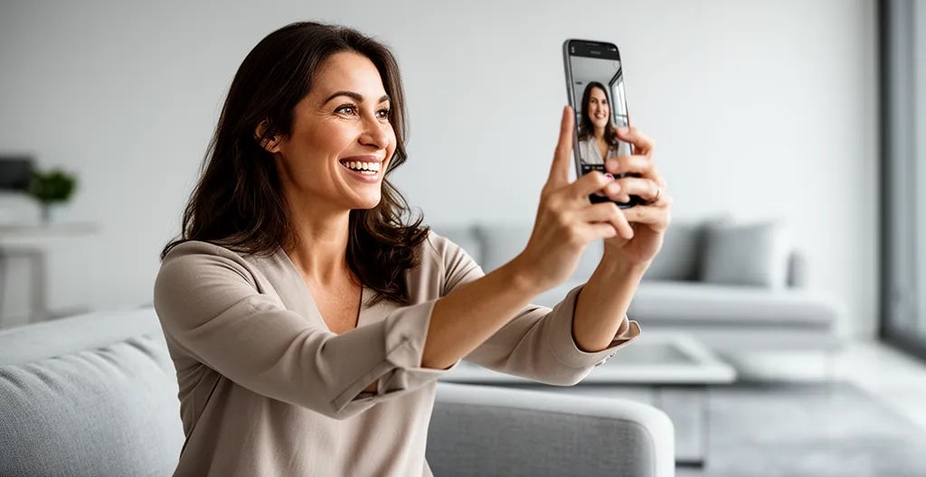 Femme utilisant la réalité augmentée pour essayer virtuellement des lunettes depuis son salon