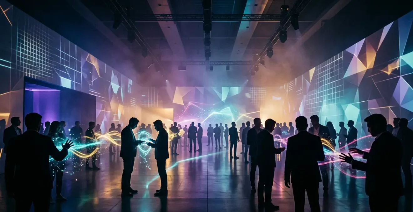 Expérience immersive de lancement de produit avec public émerveillé dans un environnement technologique