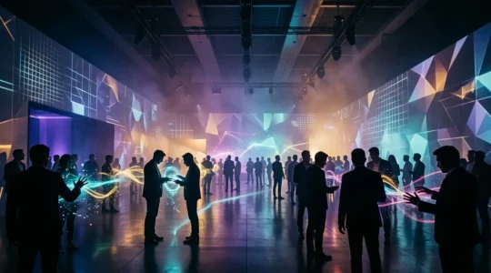 Expérience immersive de lancement de produit avec public émerveillé dans un environnement technologique