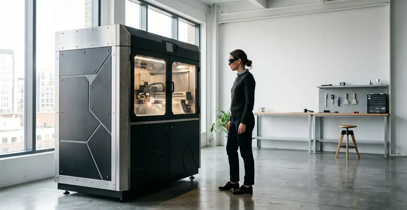 Ingénieur observant une imprimante 3D industrielle en production dans un environnement de startup moderne