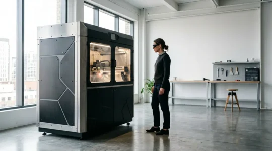 Ingénieur observant une imprimante 3D industrielle en production dans un environnement de startup moderne