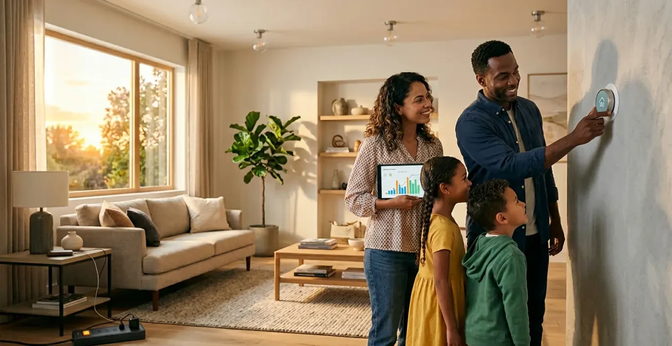 Famille dans un salon moderne ajustant un thermostat connecté avec des lumières LED et équipements économes en énergie