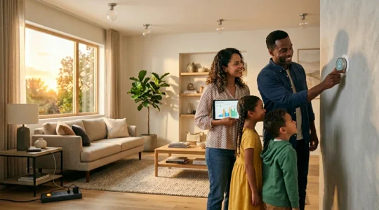 Famille dans un salon moderne ajustant un thermostat connecté avec des lumières LED et équipements économes en énergie