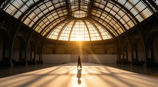 Vue époustouflante du Grand Palais pendant la Fashion Week de Paris avec podium illuminé et silhouettes élégantes