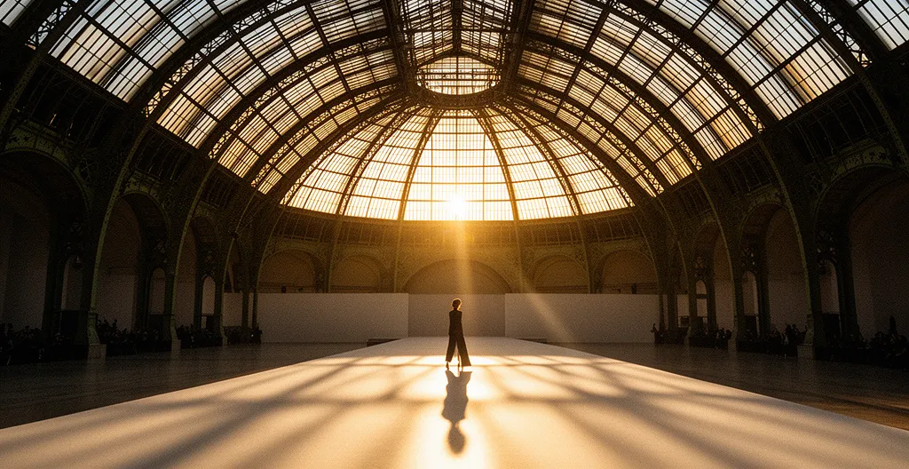 Vue époustouflante du Grand Palais pendant la Fashion Week de Paris avec podium illuminé et silhouettes élégantes