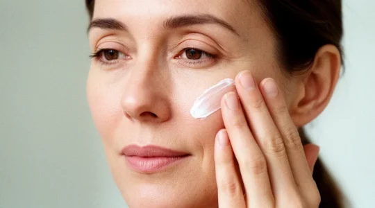 Femme adulte à la peau sensible appliquant délicatement un soin sur son visage