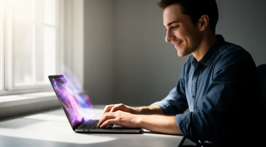 Professionnel indépendant travaillant avec des interfaces d'intelligence artificielle pour optimiser sa productivité