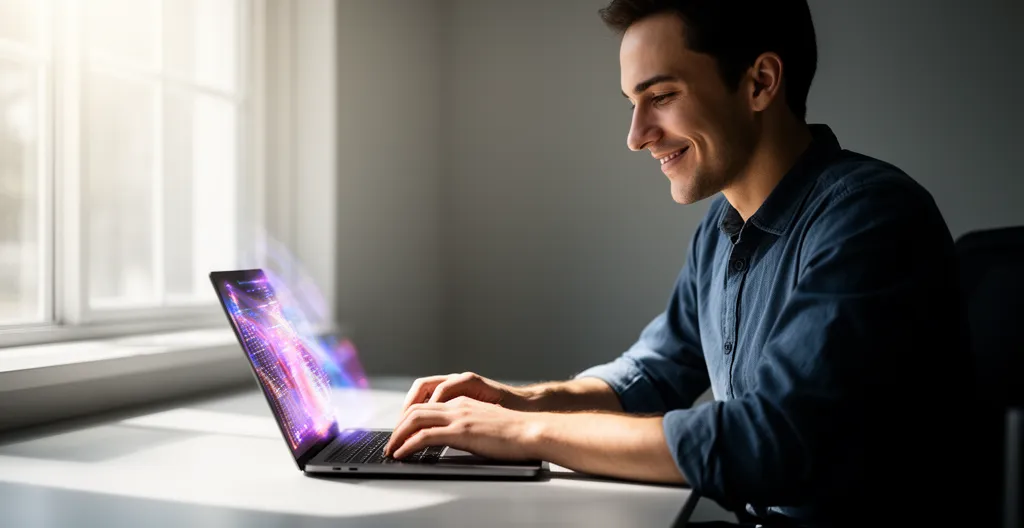 Professionnel indépendant travaillant avec des interfaces d'intelligence artificielle pour optimiser sa productivité