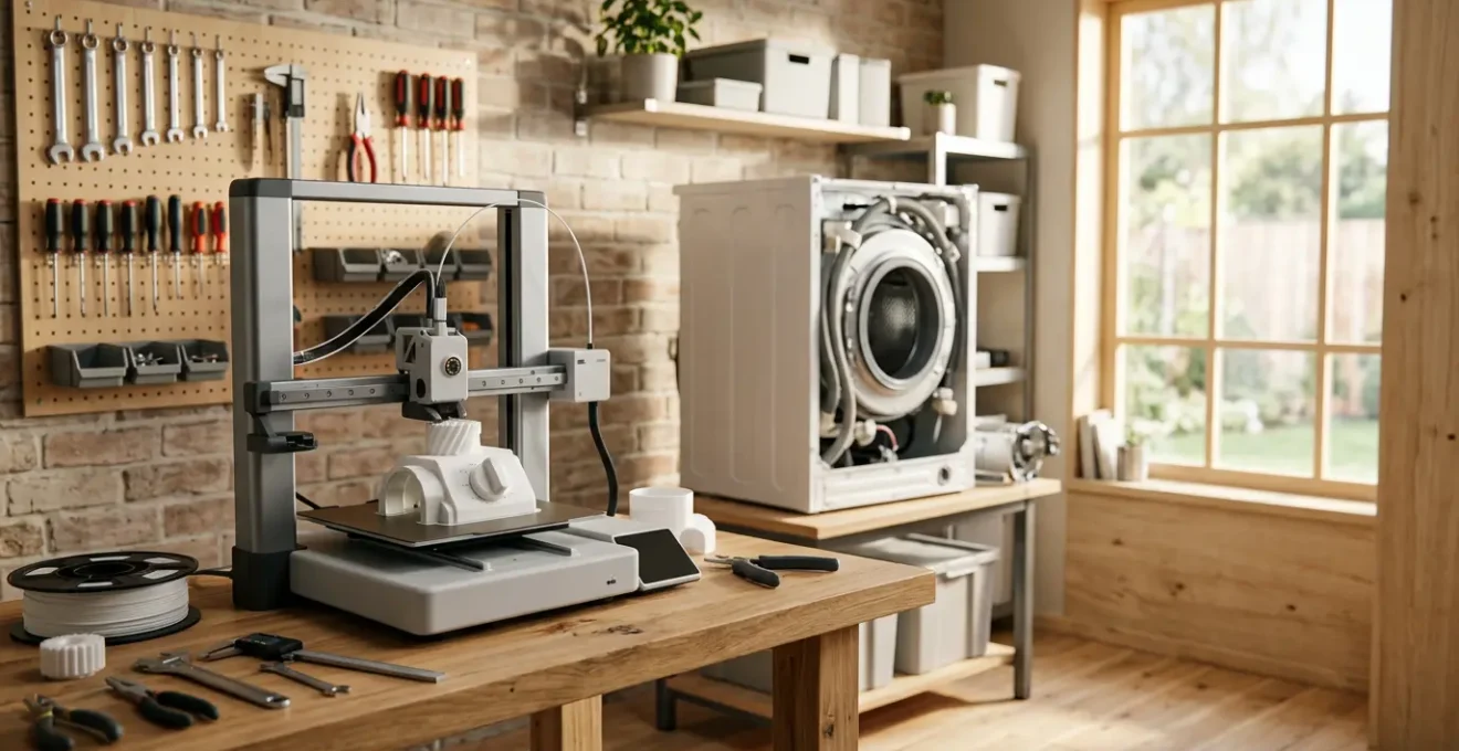 Atelier de réparation moderne avec imprimante 3D créant une pièce d'électroménager