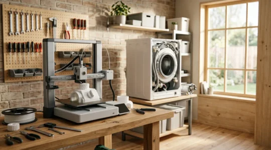 Atelier de réparation moderne avec imprimante 3D créant une pièce d'électroménager