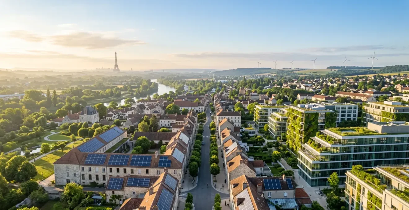 Paysage d'innovation verte montrant une ville française futuriste avec des énergies renouvelables et des espaces verts intégrés