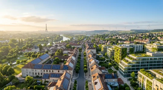 Paysage d'innovation verte montrant une ville française futuriste avec des énergies renouvelables et des espaces verts intégrés