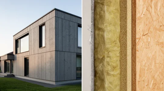 Vue comparative montrant une maison avec isolation par l'extérieur d'un côté et par l'intérieur de l'autre