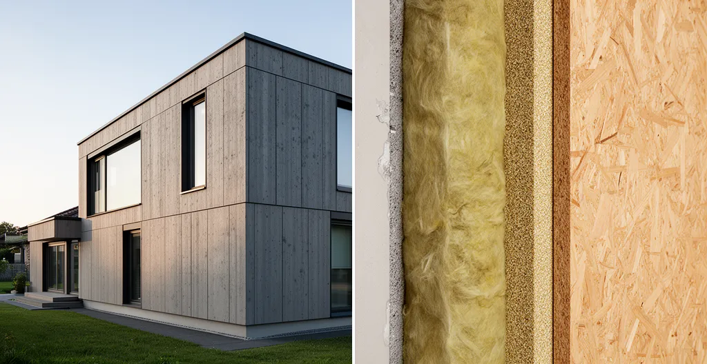Vue comparative montrant une maison avec isolation par l'extérieur d'un côté et par l'intérieur de l'autre