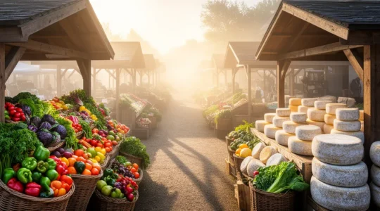 Vue atmosphérique d'un marché de producteurs locaux au petit matin avec des étals de fromages et légumes