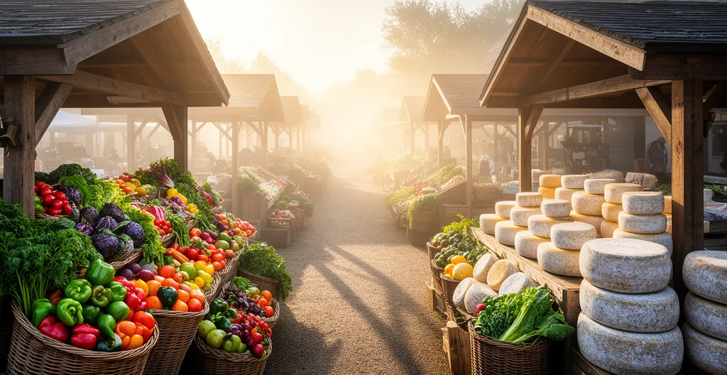 Vue atmosphérique d'un marché de producteurs locaux au petit matin avec des étals de fromages et légumes